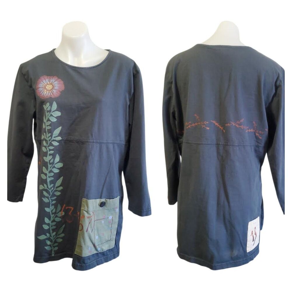 Isabel LA Artsy Lagenlook Cotton Tunic Top Hand Painted Floral Artsy Boho Large